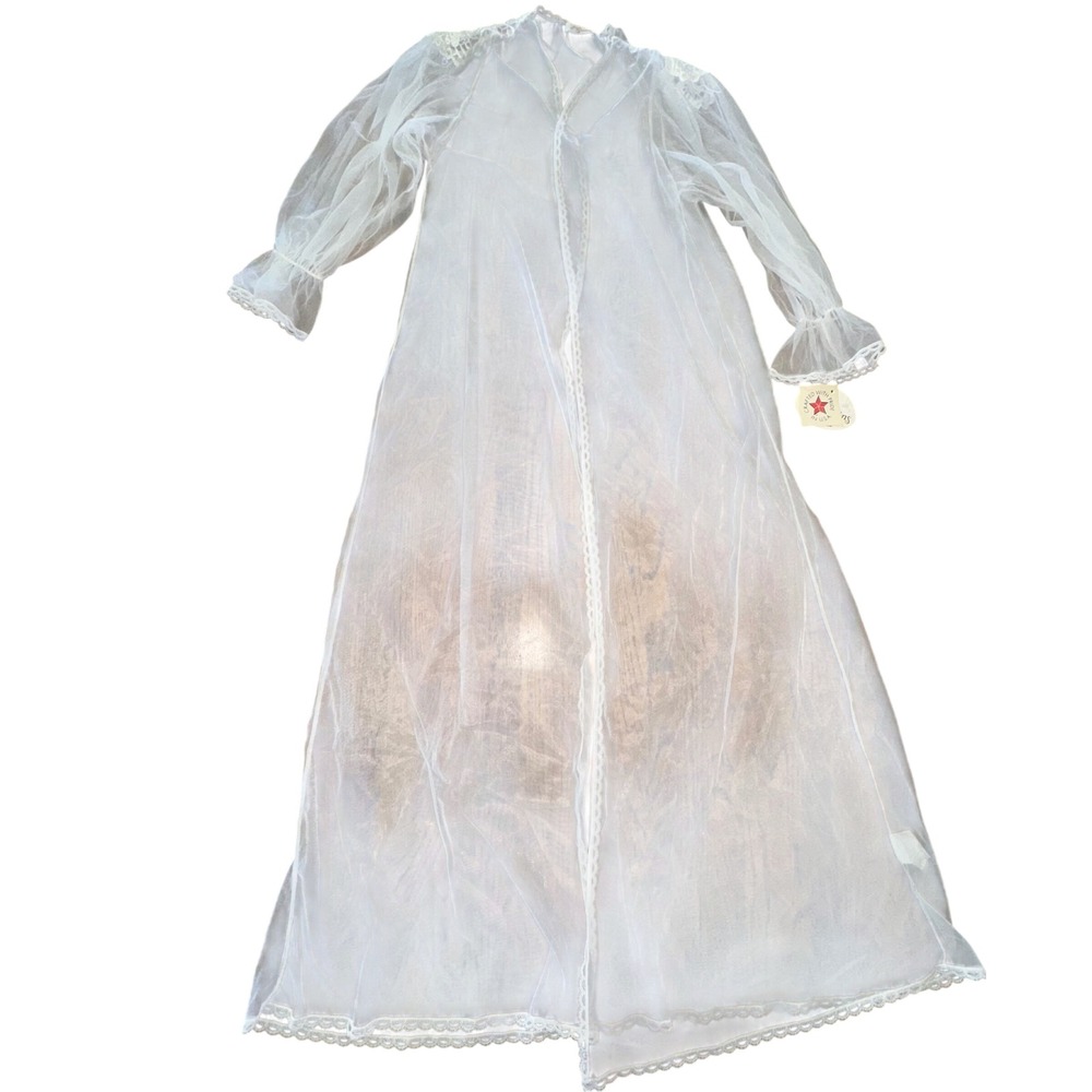 Vintage Ilise Stevens White Sheer Mesh Peignoir Robe Lace Trim Puff Sleeve NWT M